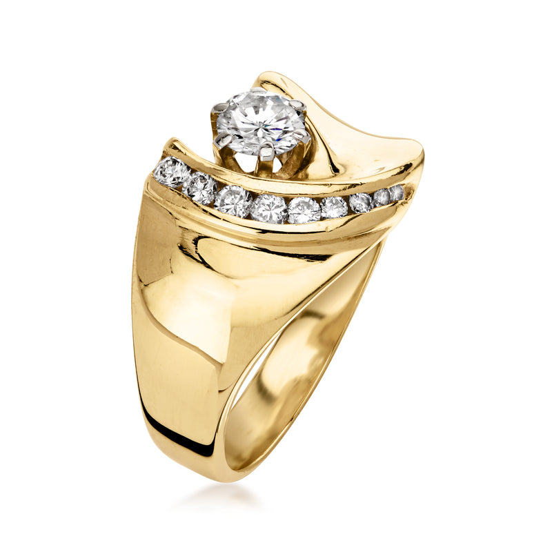 Yellow gold ring with round center diamond in curved setting with pave accents