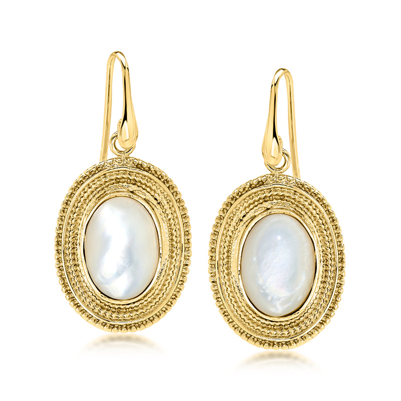 Yellow gold-plated drop earrings with oval mother-of-pearl and textured halo, earwire