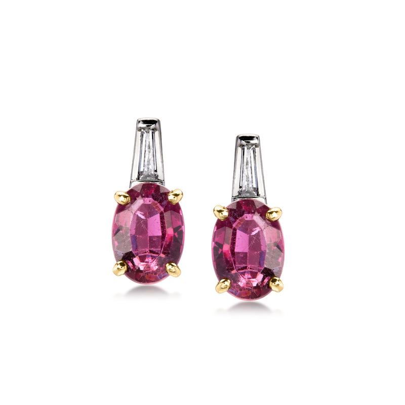 Two-tone gold drop earrings with oval pink tourmaline and clear diamond accents