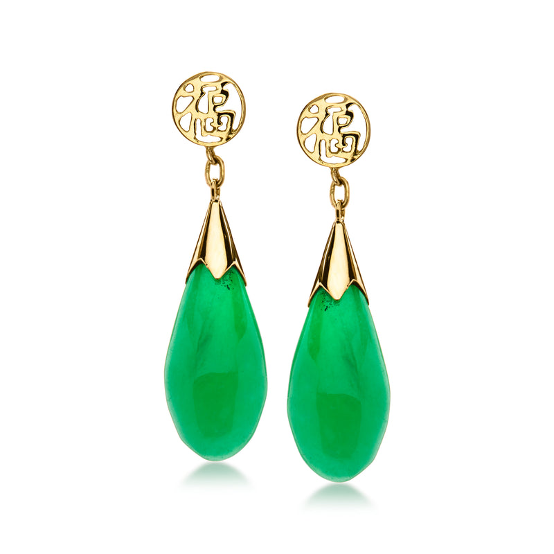 14kt yellow gold drop earrings with jade-green teardrop stones and symbol dangles