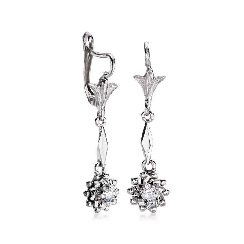 Diamond drop earrings with articulated leaves and round cluster dangling beneath