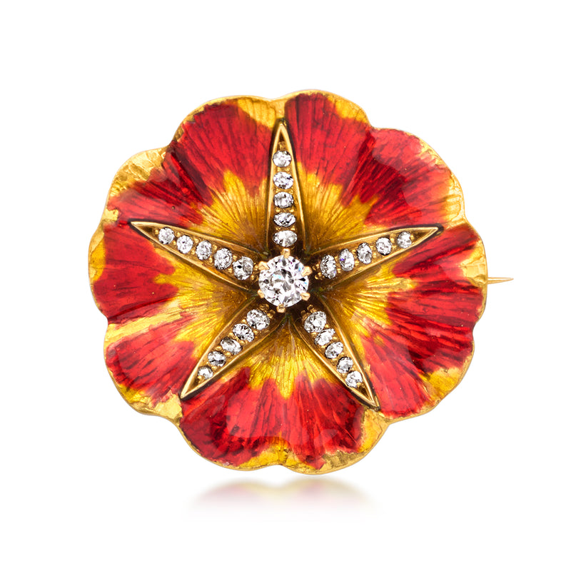 Vintage flower pin in yellow gold with red and yellow enamel petals and diamond accents