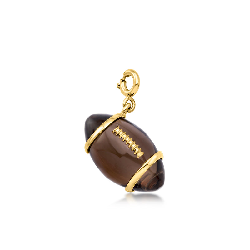 Smoky quartz football charm in gold over sterling with loop bail and stitched lines