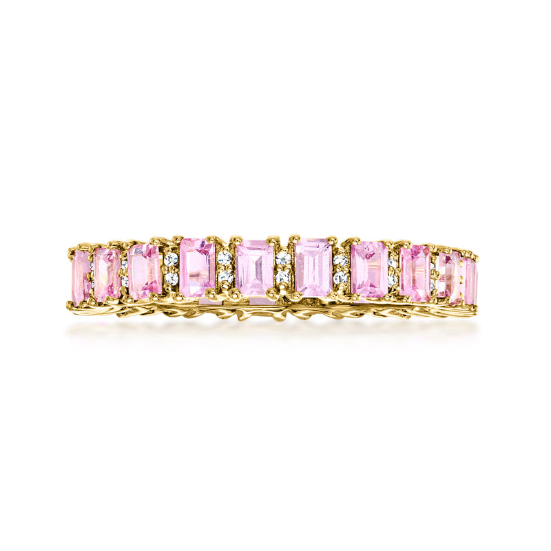 14kt yellow gold eternity band with pink rectangular sapphires and diamond accents