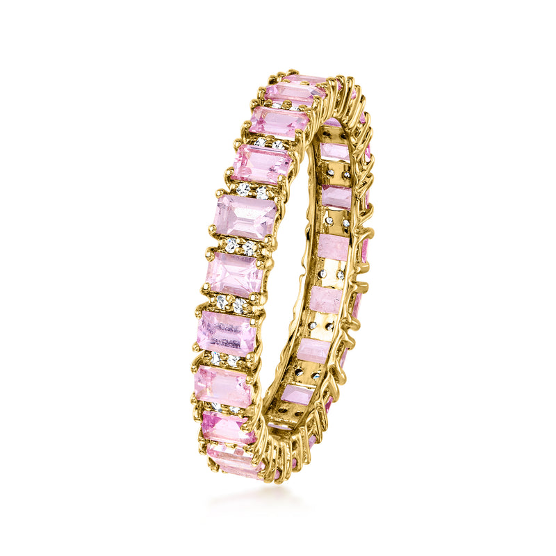 Pink sapphire eternity band in 14kt yellow gold, rectangular stones with diamond details