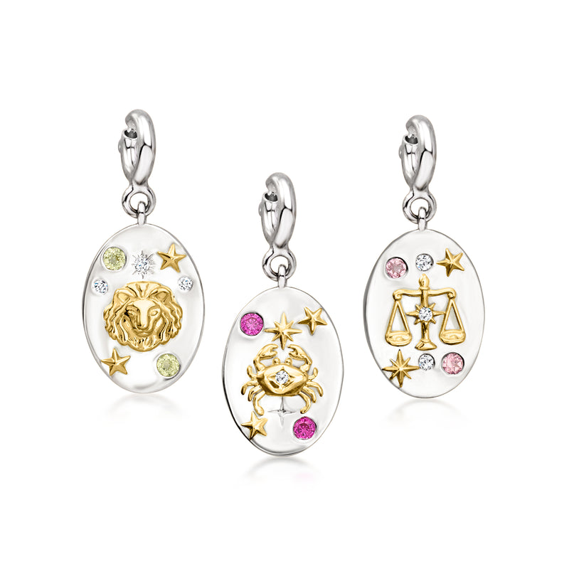 Zodiac charm set of three oval pendants: gold lion, crab, and scales with gemstones