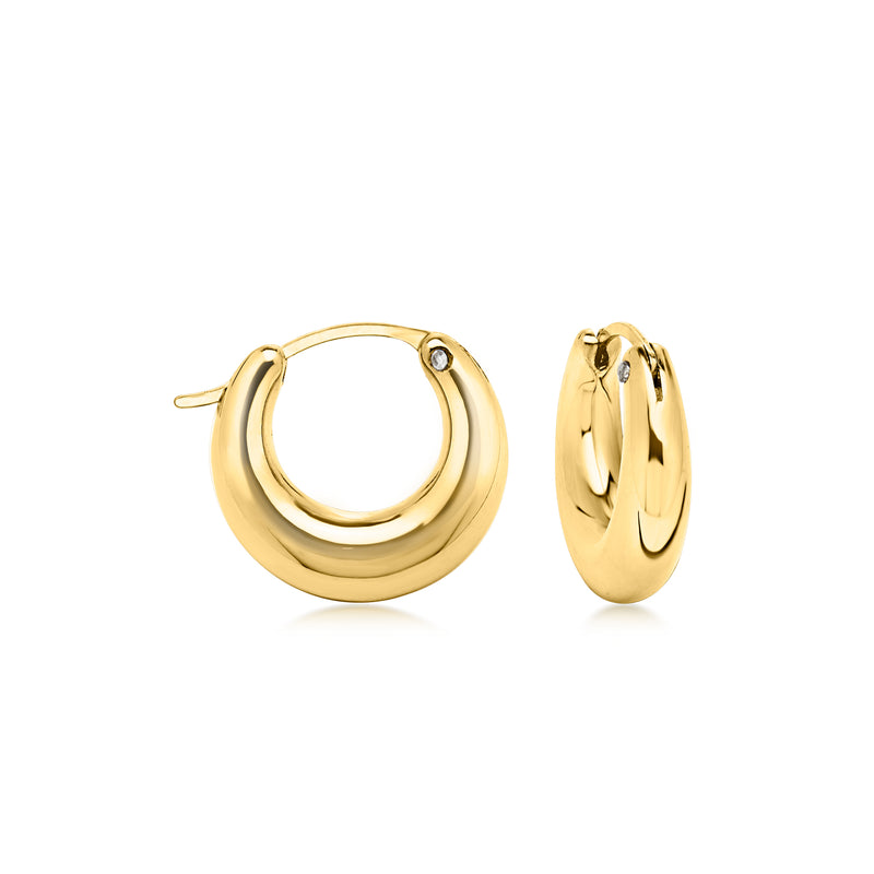 10kt yellow gold puffed huggie hoop earrings with small clear stone, hinged closure