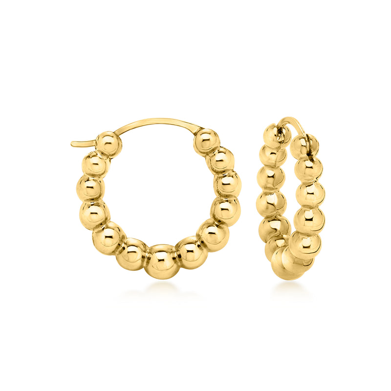 10kt yellow gold beaded hoop earrings with round bead stations