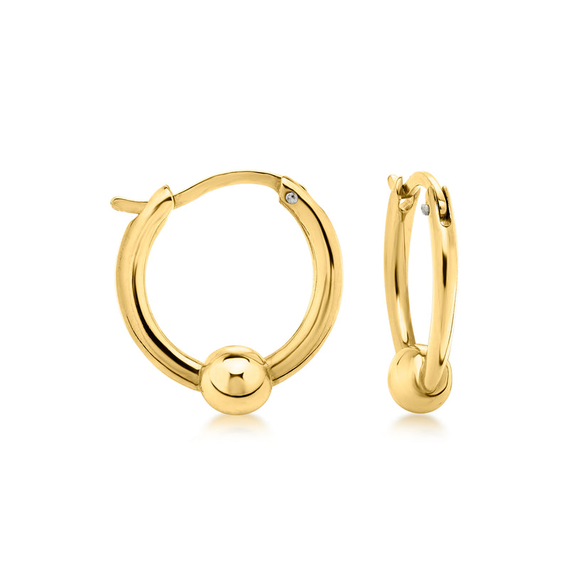 10kt yellow gold bead center hoop earrings, hinged hoop with round bead at front