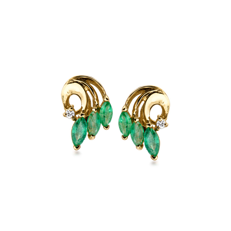 14kt yellow gold post earrings with emerald-green swirl stones and small diamond accents
