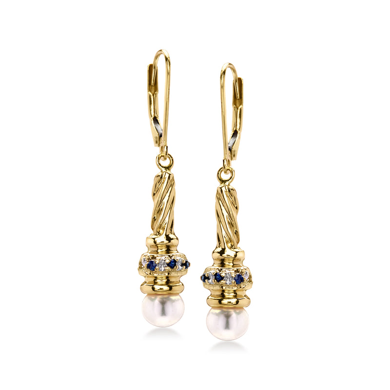 Two-tone gold leverback drop earrings with cultured pearl and blue sapphire accents