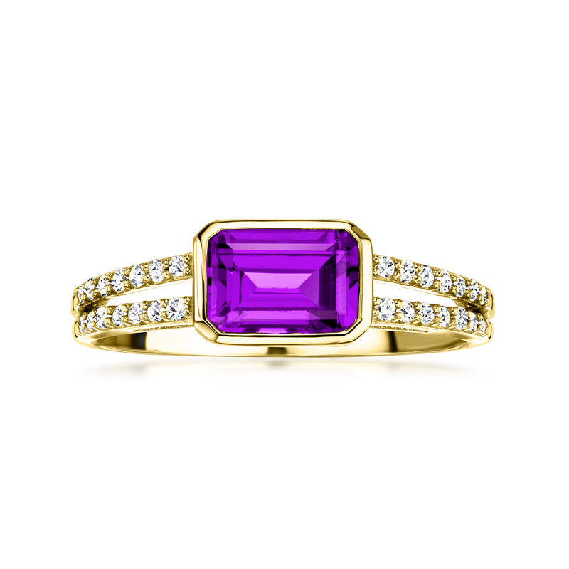 Amethyst gemstone ring in 10kt yellow gold with diamond pave band, rectangular setting