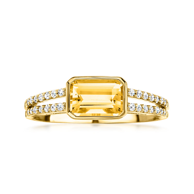 10kt yellow gold ring with rectangular citrine center and diamond pave band
