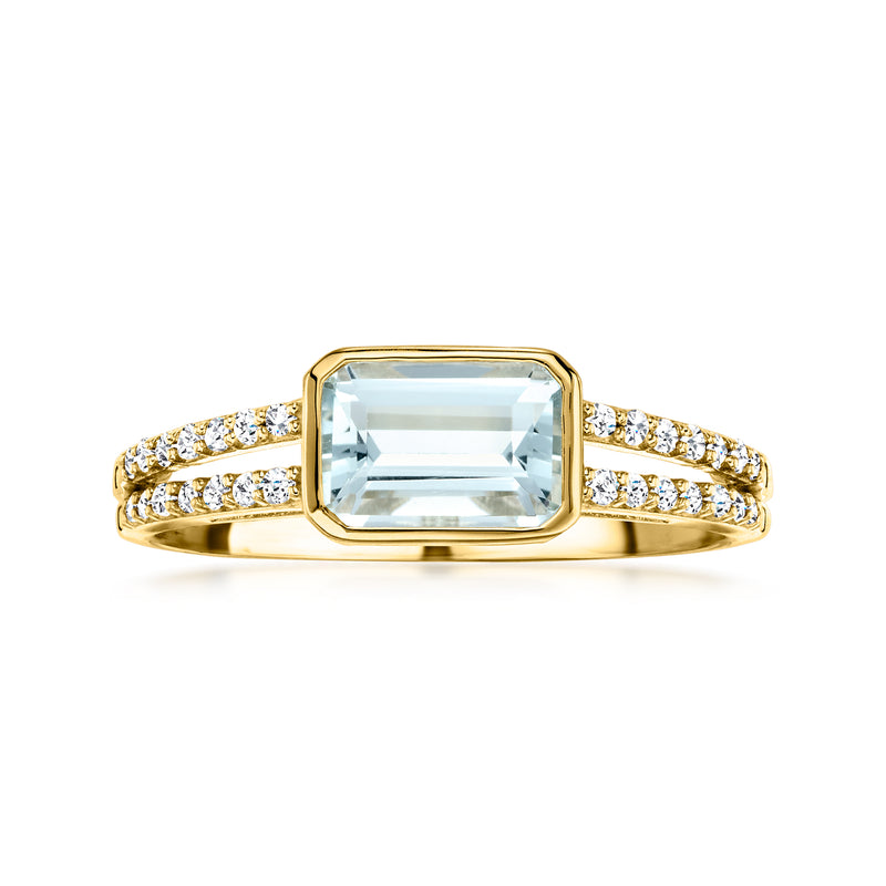 Aquamarine and diamond ring in 10kt yellow gold with double-row pave band