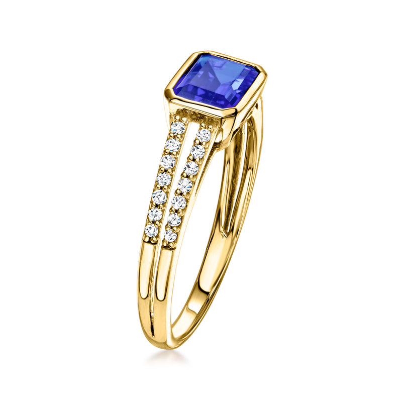 Yellow gold ring with square blue sapphire and a row of round diamond accents