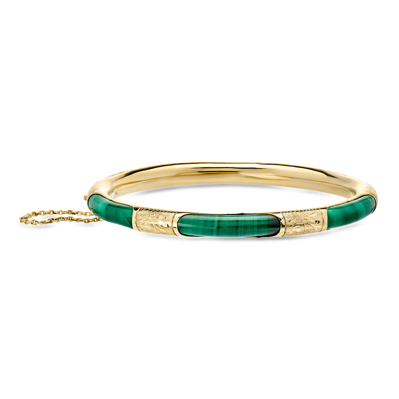 14kt yellow gold malachite bangle with green rectangular inlays and hinge clasp