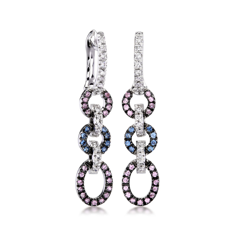 White gold drop earrings with pink and blue sapphires and diamond accents, leverback style
