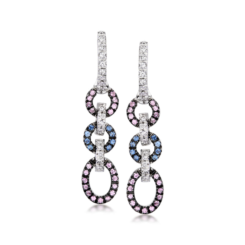 Tiered white gold drop earrings with pink and blue sapphires and diamond accents