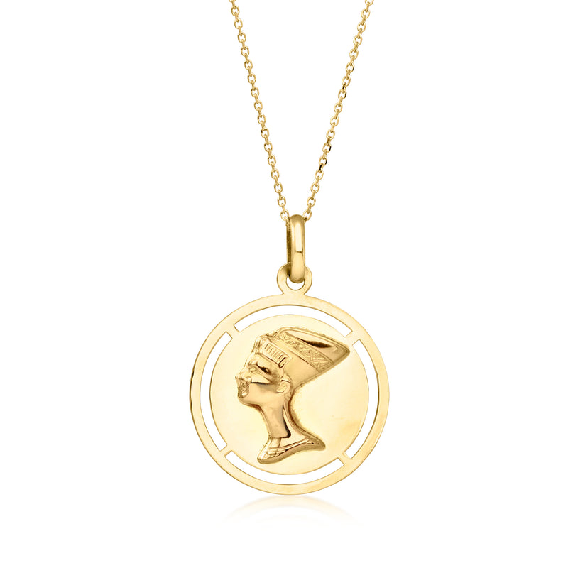 14kt yellow gold reversible pendant necklace, round medallion with Nefertiti profile