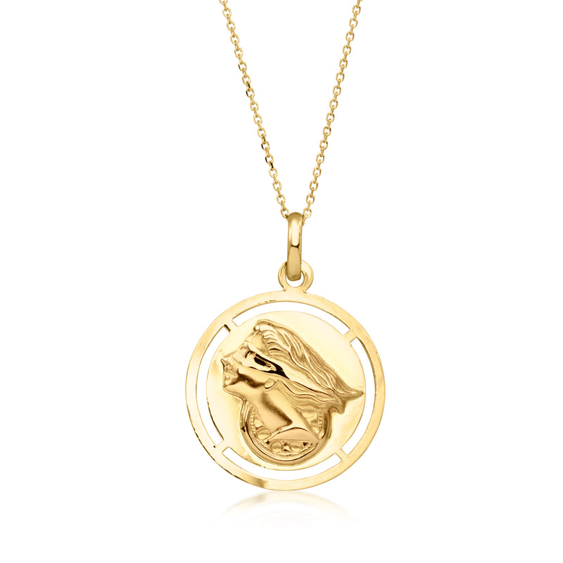 14kt yellow gold reversible pendant necklace, round medallion with Athena profile