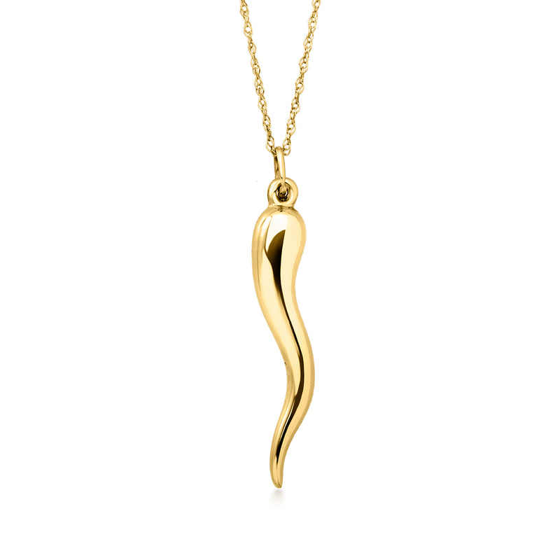 14kt yellow gold horn pendant necklace with long chain and polished finish