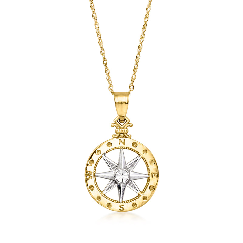 Two-tone gold compass pendant necklace with round compass face and chain