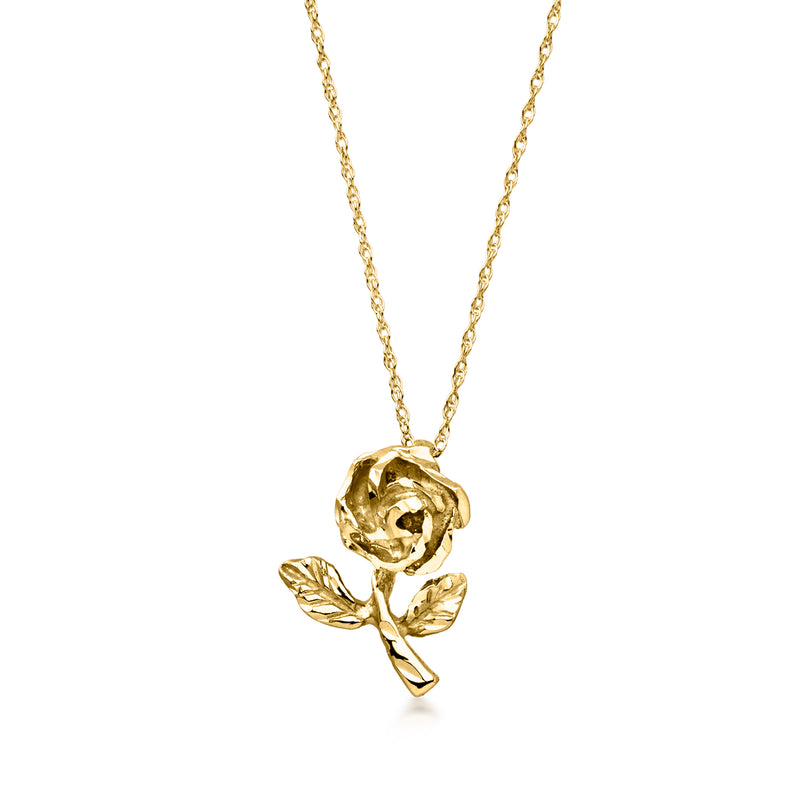 Vintage 14kt yellow gold rose pendant necklace with dangling leaf details