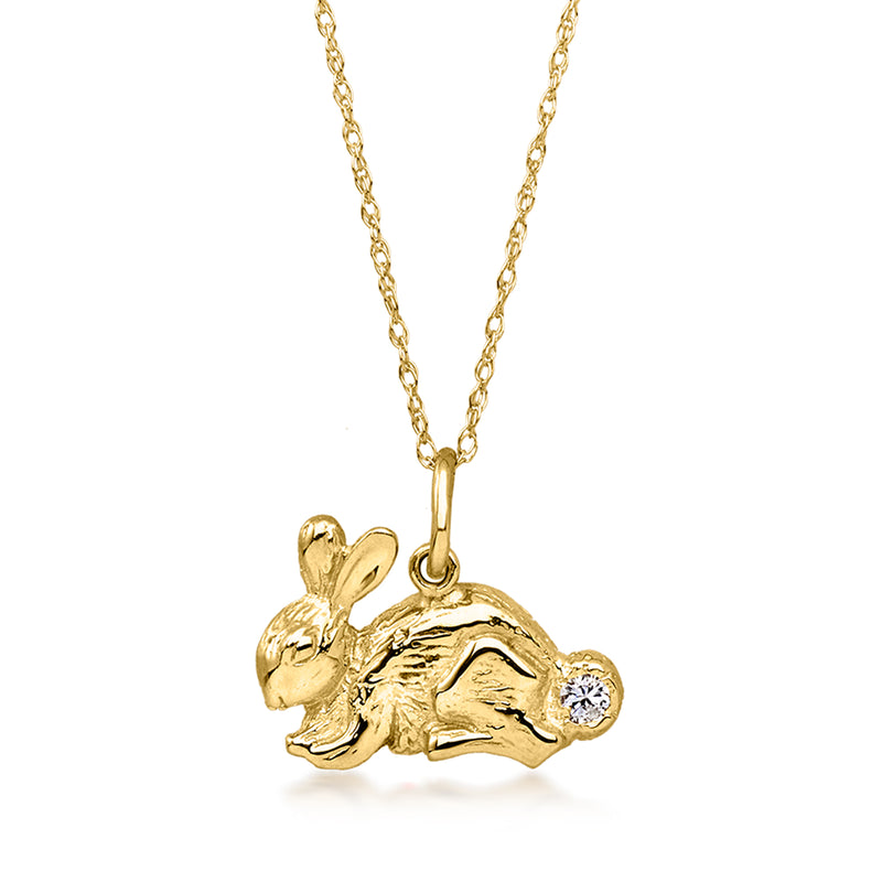 Yellow gold bunny pendant necklace with single diamond, fine chain