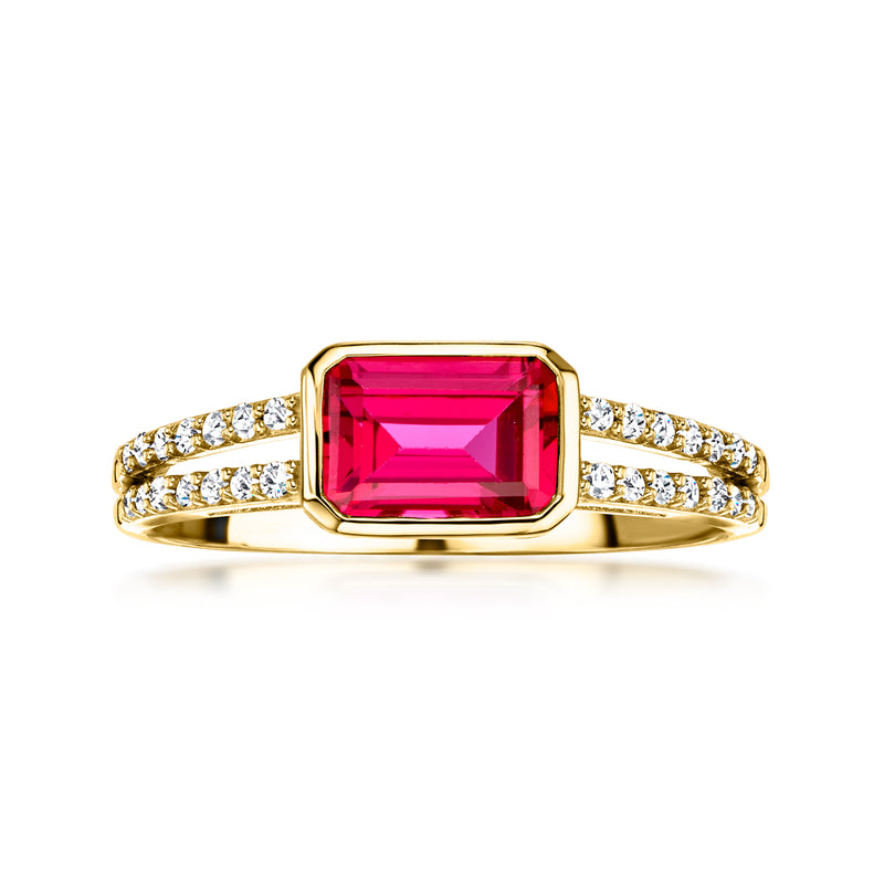 10kt yellow gold ring with square pink lab-grown ruby center and diamond band