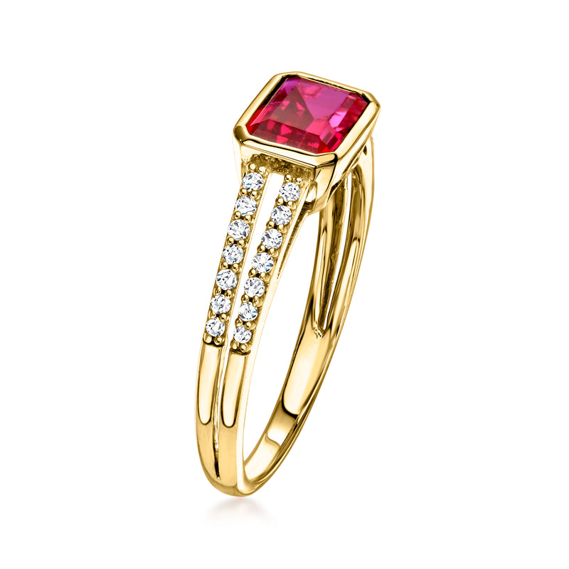 Yellow gold ring with square red ruby and diamond accents