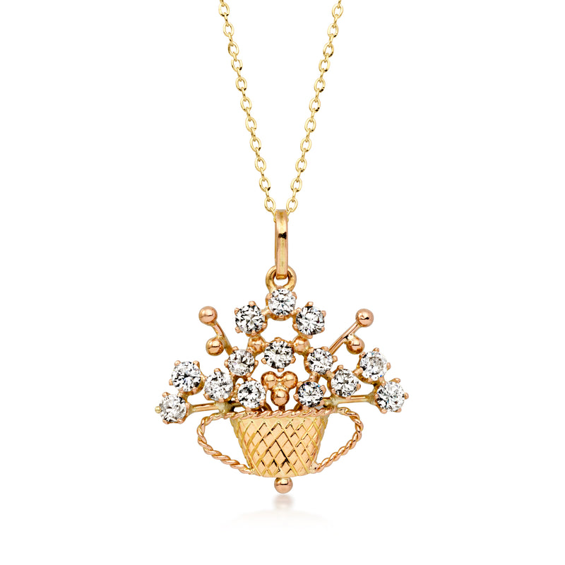 Two-tone gold flower basket diamond pendant necklace with small round stones