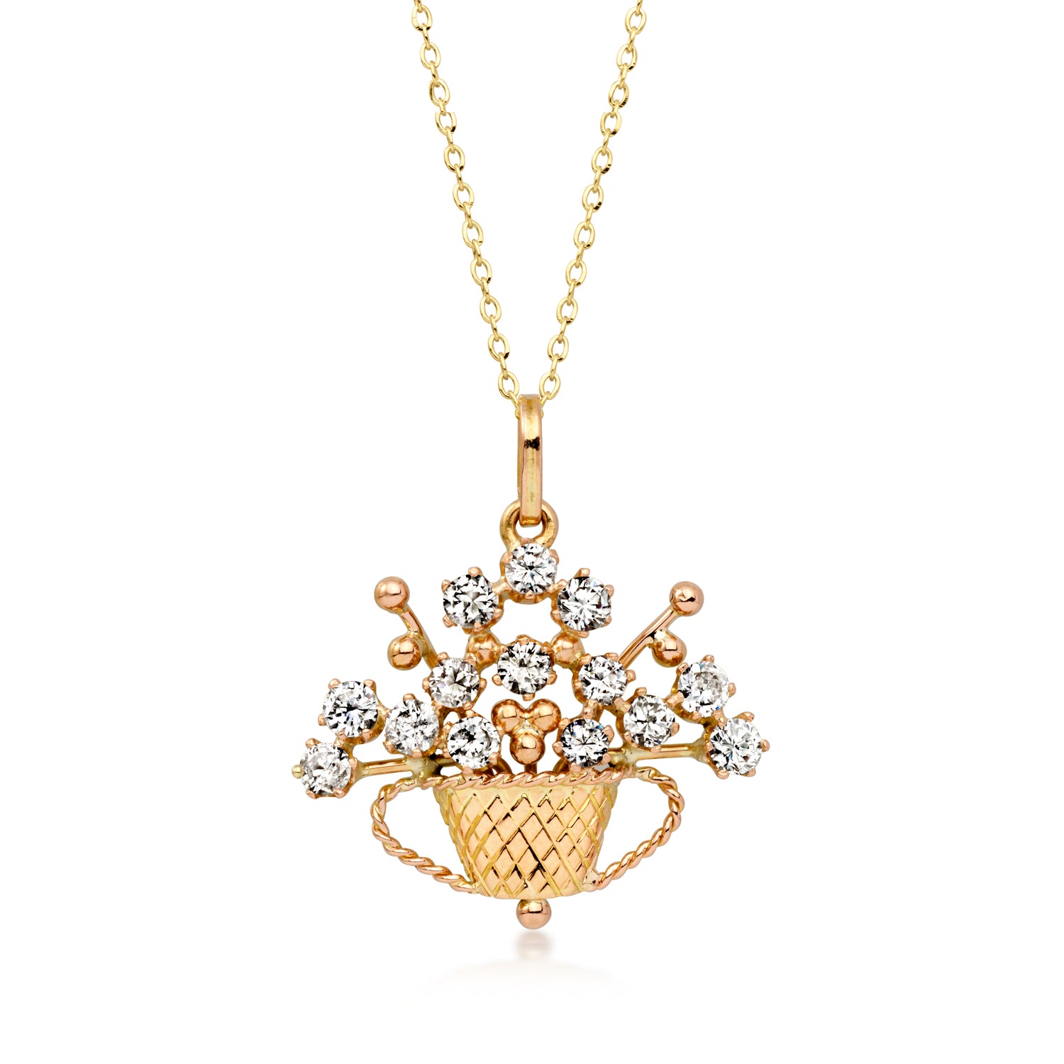 C. 1970 Vintage 1.65 ct. t.w. Diamond Flower Basket Pendant Necklace in 18kt Two-Tone Gold