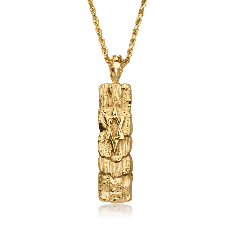 14kt yellow gold mezuzah pendant necklace with engraved rectangular pendant