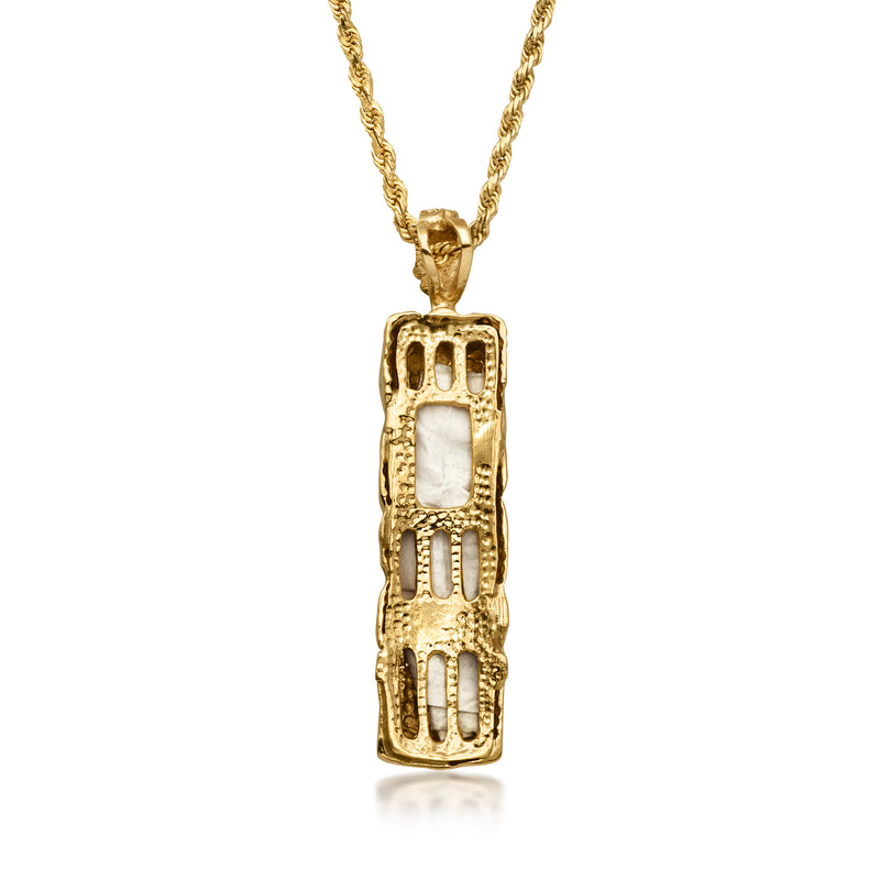 14kt yellow gold mezuzah pendant necklace with detailed lattice frame pendant