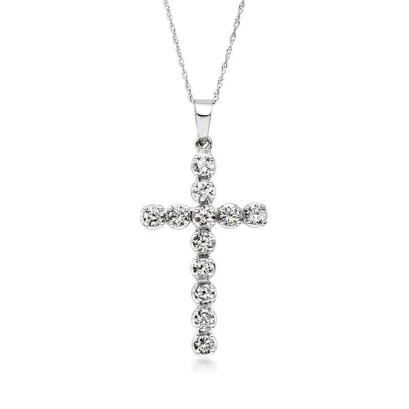 White gold diamond cross pendant necklace with round-cut stones on chain