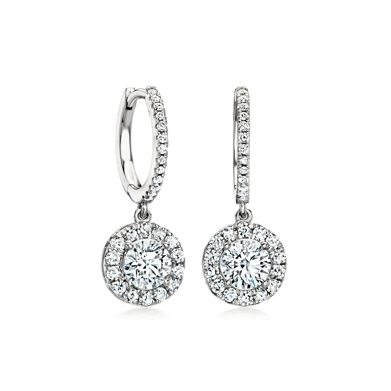 Sterling silver hoop drop earrings with round lab-grown diamond halo accents