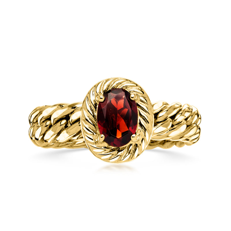 14kt yellow gold Cuban-link ring with oval garnet gemstone, twisted rope-style setting