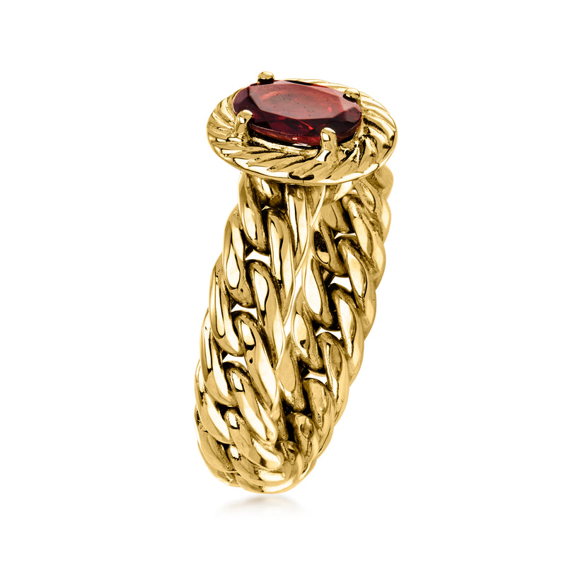 14kt yellow gold oval garnet ring with braided Cuban-link band and halo bezel