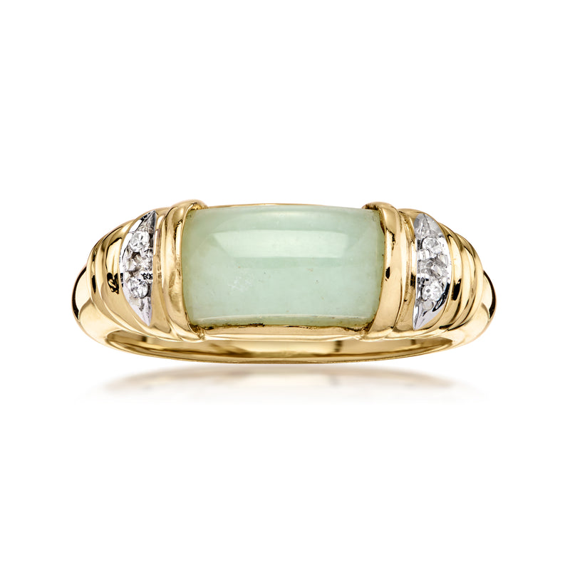 Vintage jade ring in 14kt yellow gold with light-green rectangular cabochon and diamond accents