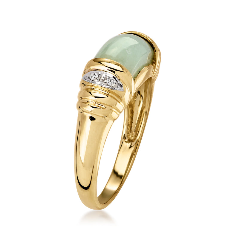 14kt yellow gold jade ring with light-green cabochon and diamond-accented gold band