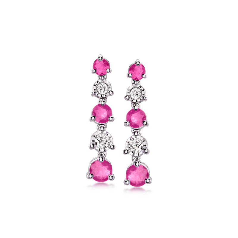 Sterling silver ruby and diamond drop earrings with pink stone clusters