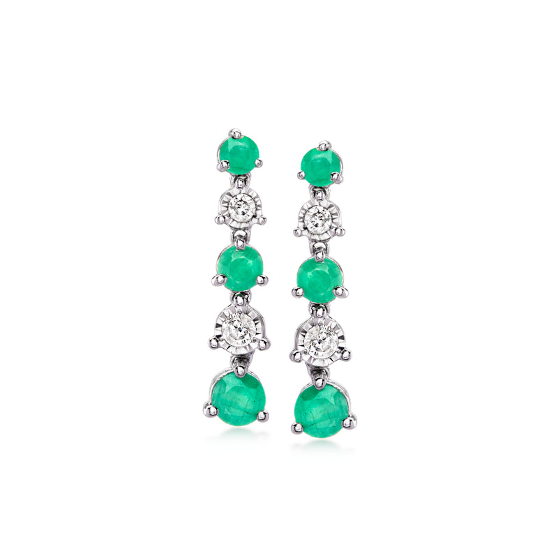 Sterling silver drop earrings with emerald-green oval stones and diamond accents