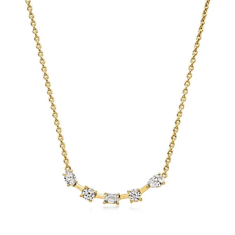 Curved bar diamond necklace with multi-shaped stones, 18kt gold over sterling chain