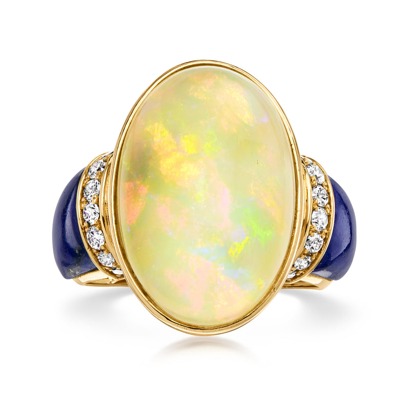 14kt gold oval opal cabochon ring with blue lapis accents and diamond halo