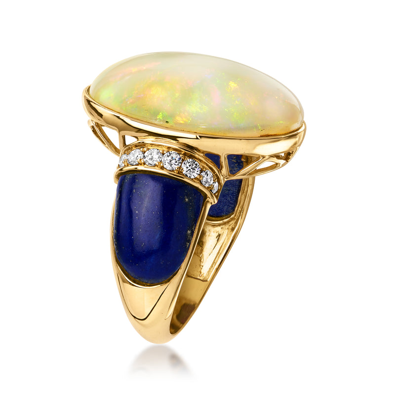 Oval opal cabochon ring with blue lapis inlay and diamond set shoulders in 14kt gold