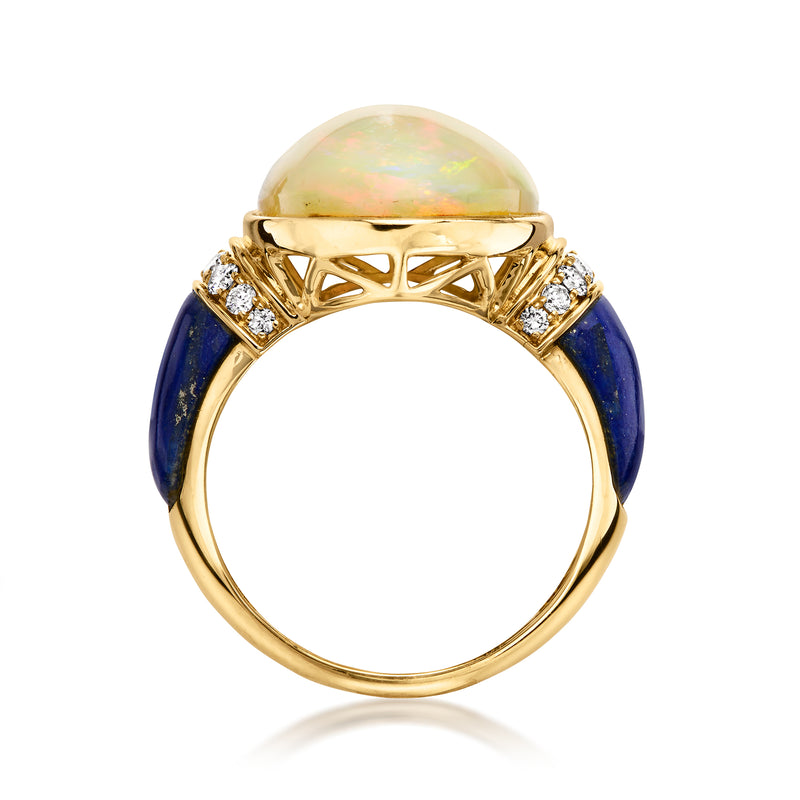 14kt gold ring with oval opal center, blue lapis sides, diamond accents across top