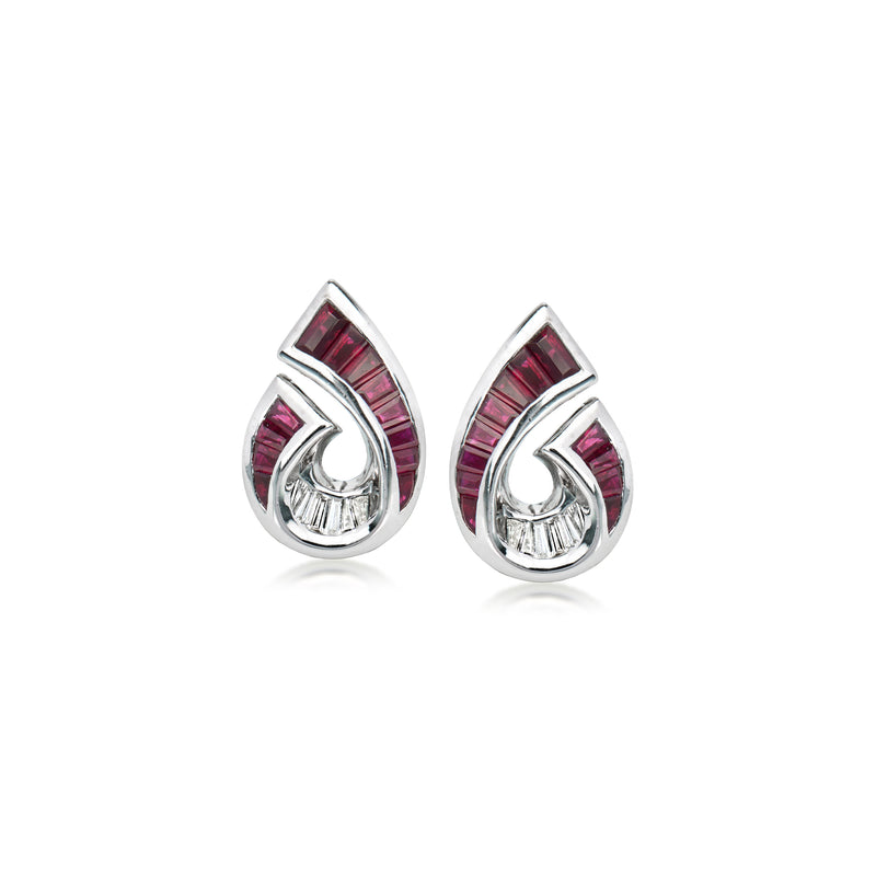 Ruby and diamond swirl teardrop stud earrings in 18kt white gold