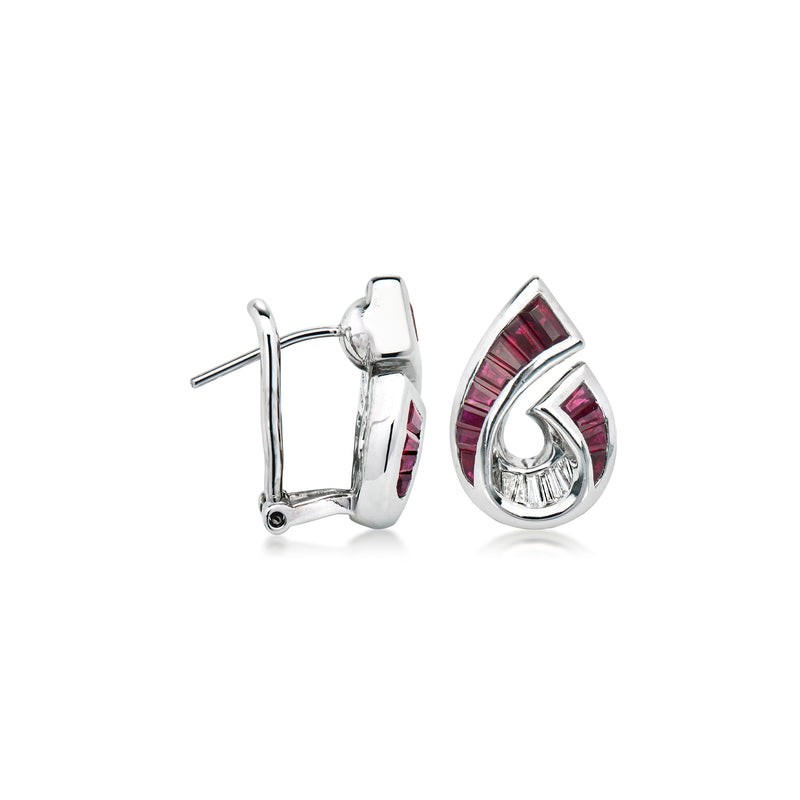 Ruby and diamond swirl teardrop earrings with hinged clasp in 18kt white gold