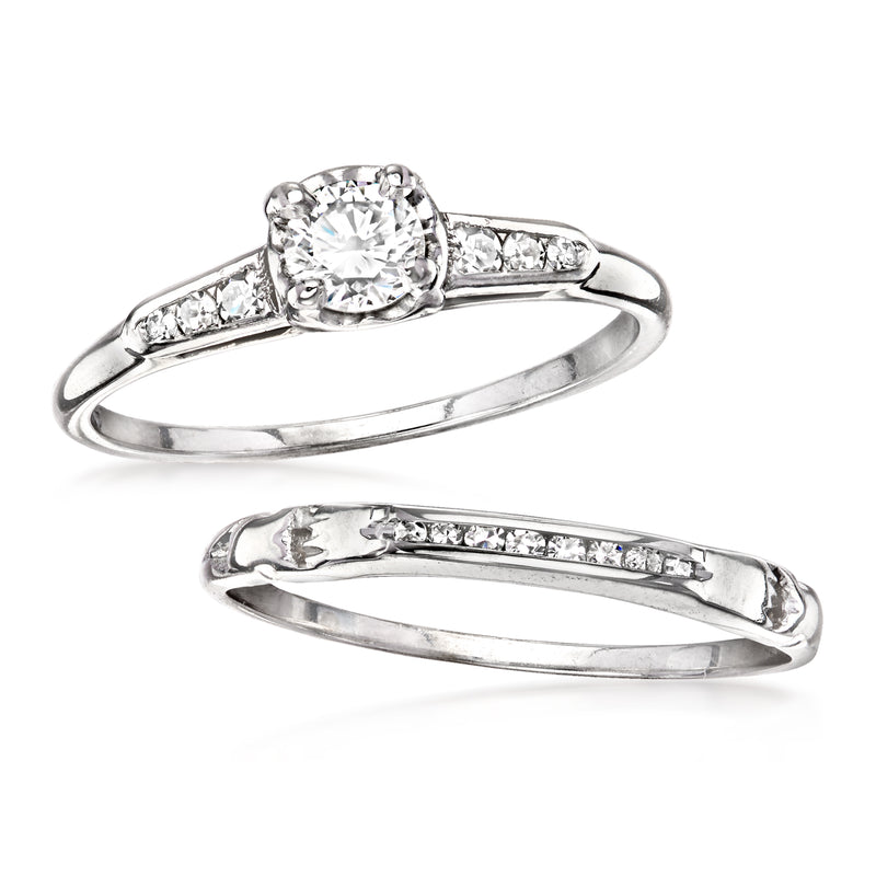 Vintage diamond bridal set in white gold, engagement ring and wedding band