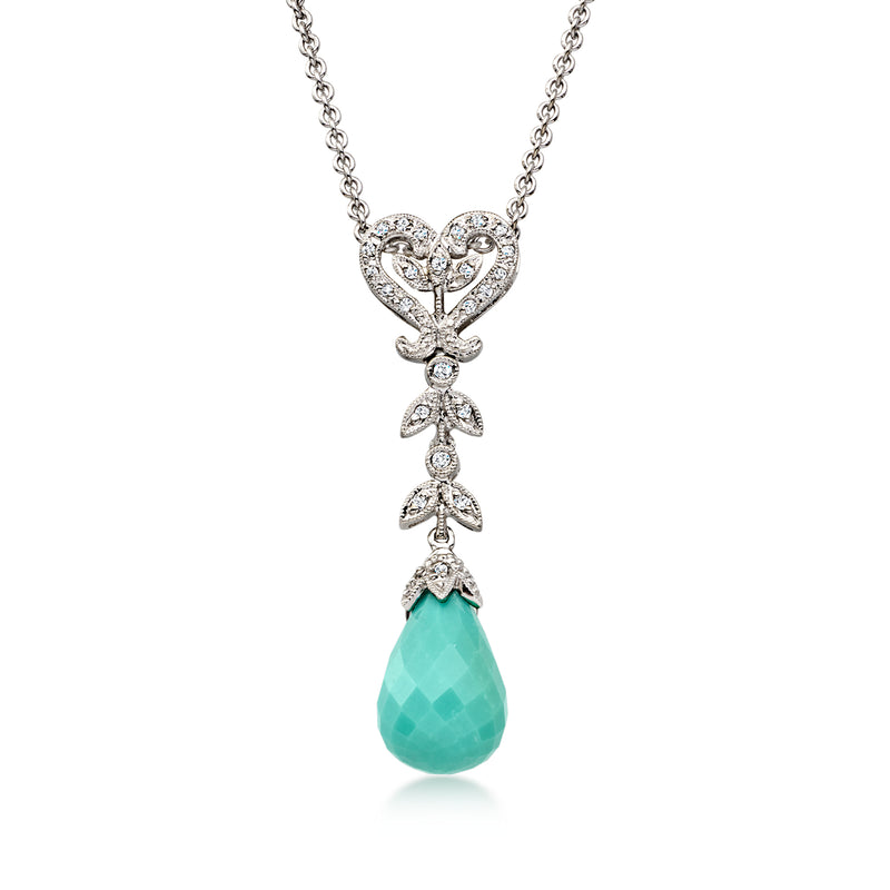 Vintage diamond heart drop necklace in white gold with turquoise teardrop pendant